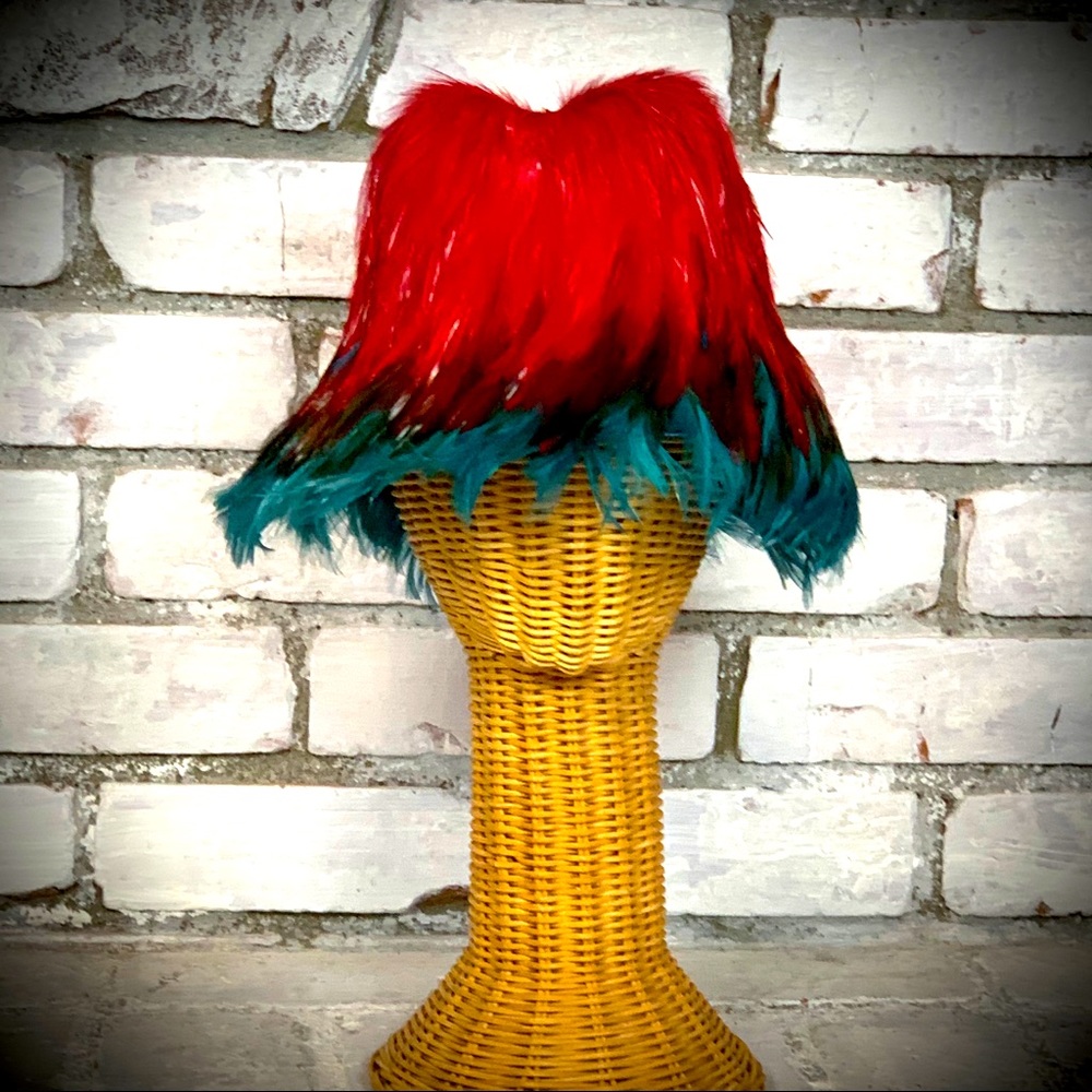 Prada feathered hat. Deep cherry red w/ green trim